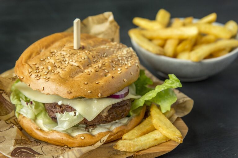Hamburger avec fromage, salade et oignon sur un papier avec des frites